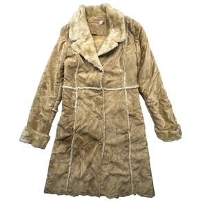Vintage Prada Faux Suede Fur Lined Long Coat Womens Small Button Brown Polyester